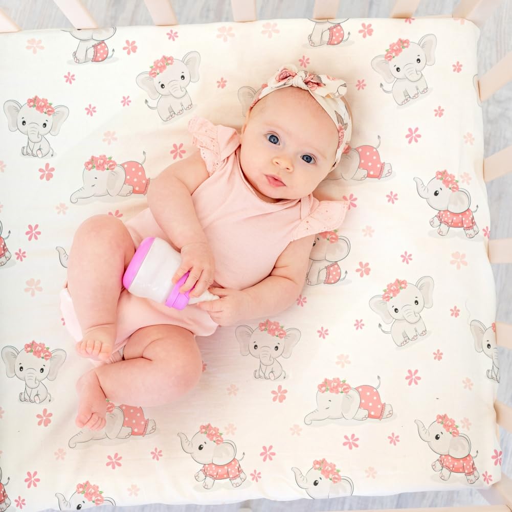 Baby Girl Crib Bedding Set Pink Elephant Crib Nursery Comforter Bed Sets Decor with Fitted Crib Sheet, Comforter and