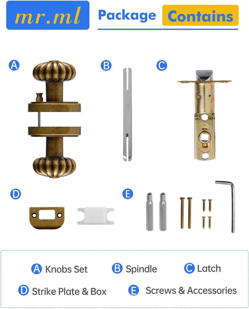 Door Knob Antique Brass Retro Privacy Vintage Door Handle, 1 Pack