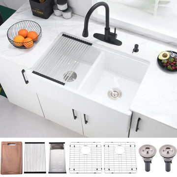 33 Inch Double Bowl White Farmhouse Sink Workstation- 33x20 Fireclay Apron Front White Porcelain Ceramic Reversible