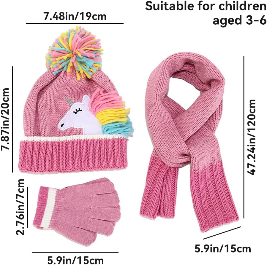 Knitted Kids Winter Hat Gloves Scarf Set, Toddler Unicorn Beanie Hats with Top Pom for Girls 3-6 Red