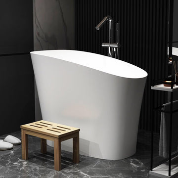 Japanese Bathtub,47" Freestanding Japanese Soaking Tub, White Stone Resin Deep Tub with Built-in Seat, Modern Oval