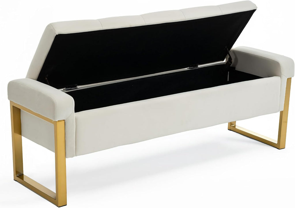 55" Tufted Storage Bench King Size Bed, Velvet Ivory White | Long Ottoman Gold Legs, Modern End of Bed Bench