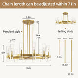 12 Light Brass Round Chandelier 36" Wagon Wheel Chandeliers for Dining Room Light Fixture Clear Glass Tube Chandelier Modern Farmhouse Chandeliers for LivingRoom Foyer, Bulb Included A115-B0CF1YPW1M