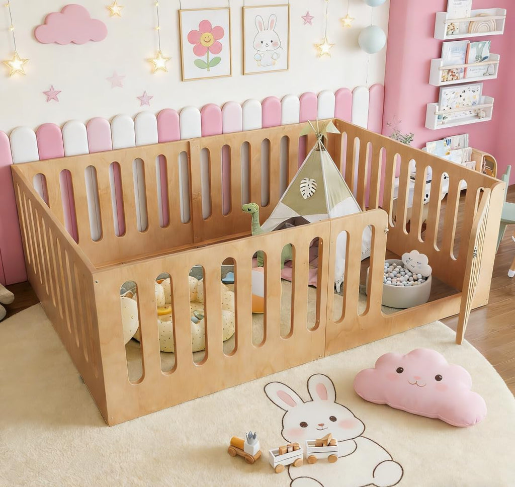 Floor Bed with Door for Kids, Floor Bed with High Fence, Wooden Montessori Beds for Kids, Natural no