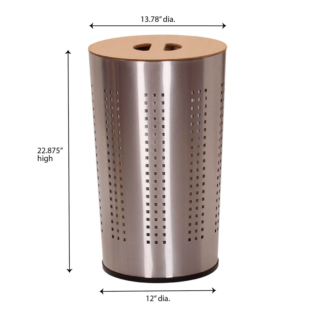 Round Metal Laundry Hamper with Engineered Wooden Lid, Removable Liner, and Ventilated Siding, Brushed Stainless