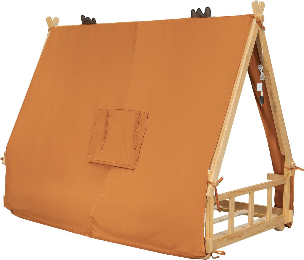 Twin Size House Bed with Tent & Light, Wooden Full Montessori Floor Beds for Kids with Roof, DIY Playhouse, No Box