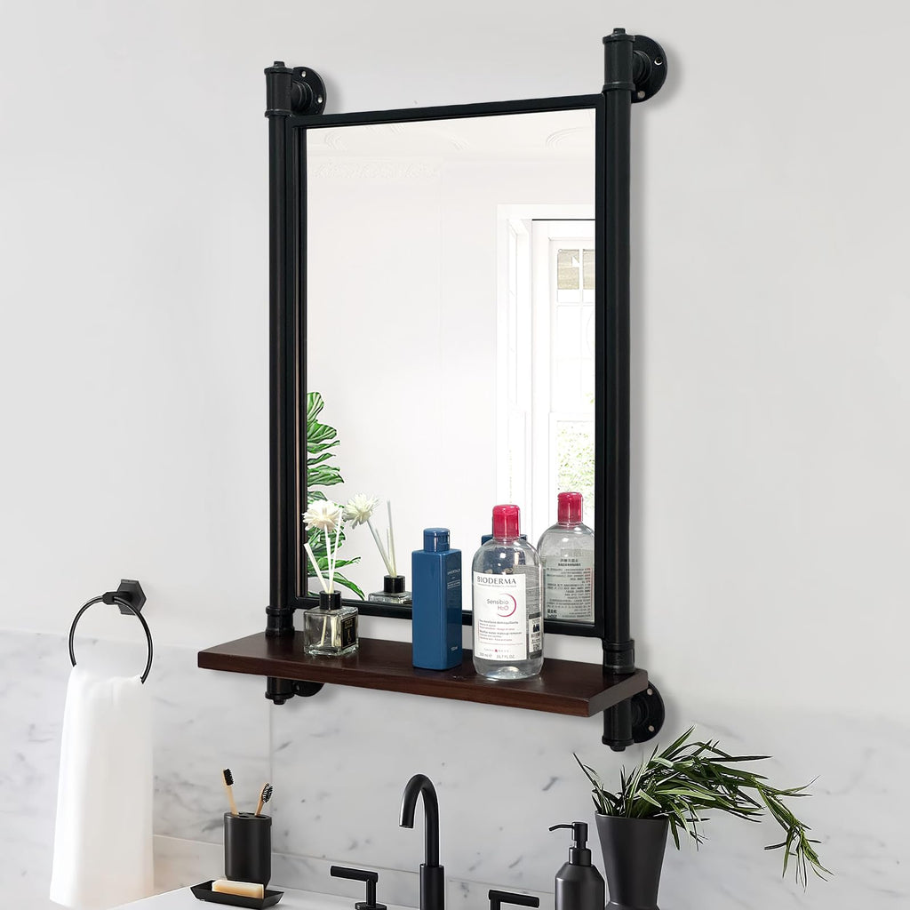 Industrial Pipe Wall Mirror with Shelf, Rustic Bathroom Mirror with Shelves