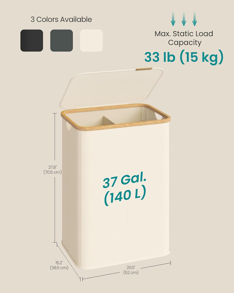Laundry Hamper, Laundry Basket with Lid, Foldable Storage Basket, Bamboo Frame, Oxford Fabric, 37 Gal. (140 L), Cream