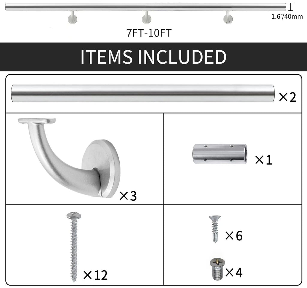 10FT Modern Aluminum Handrail Set, handrails for Indoor Stairs, Deck, Slope, Wall Mounted Staircase handrails, Zink