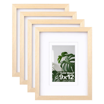9x12 Picture Frames Set of 4, Made of Solid Wood Covered by Plexiglass 5x7 and 6x8 with Mat or 9x12 without Mat, for