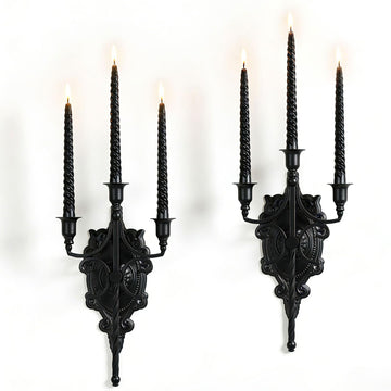 3-Arm Gothic Wall Sconce Set of Two, Victorian Metal Candle Holder for Taper Candles, Wrought Iron Fleur-de-Lis Wall