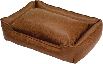 Lounge Brown Faux Leather Dog Bed w/Bolstered Sides