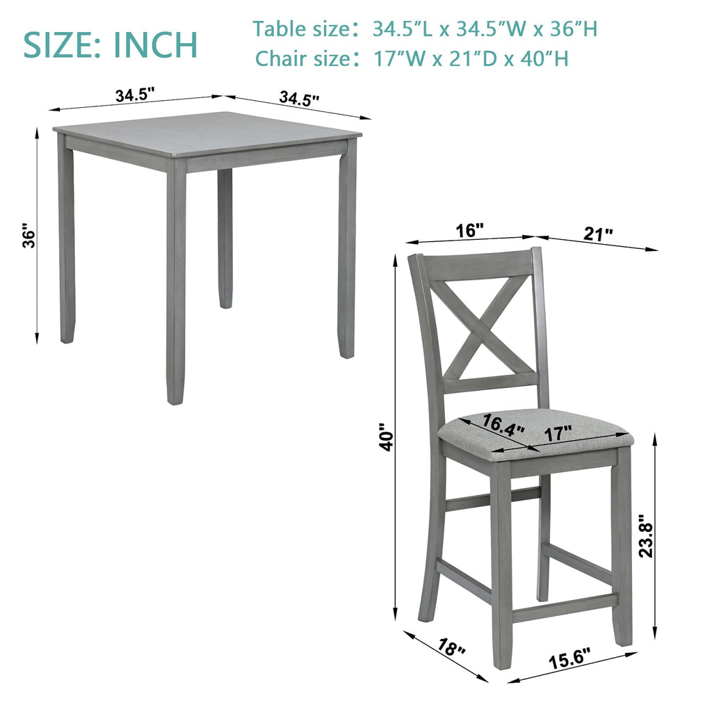 5-Piece Solid Wood Table Set for 4, Farmhouse Counter Height Kitchen Dining Table Set with 4 Upholstered Chairs Bar