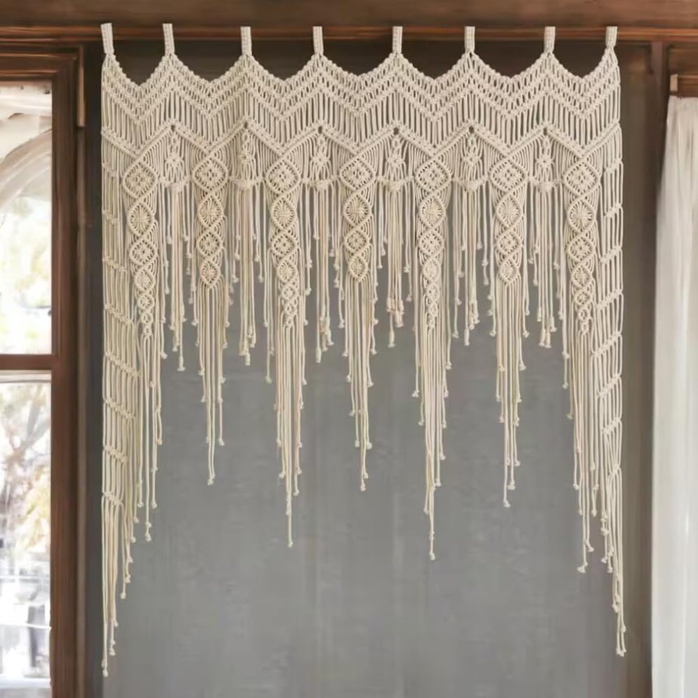 Macrame Valance Curtain for Kichen Windows 41.33 * 53.15Inch Farmhouse Boho Curtains Window Tassels Leaf Valance