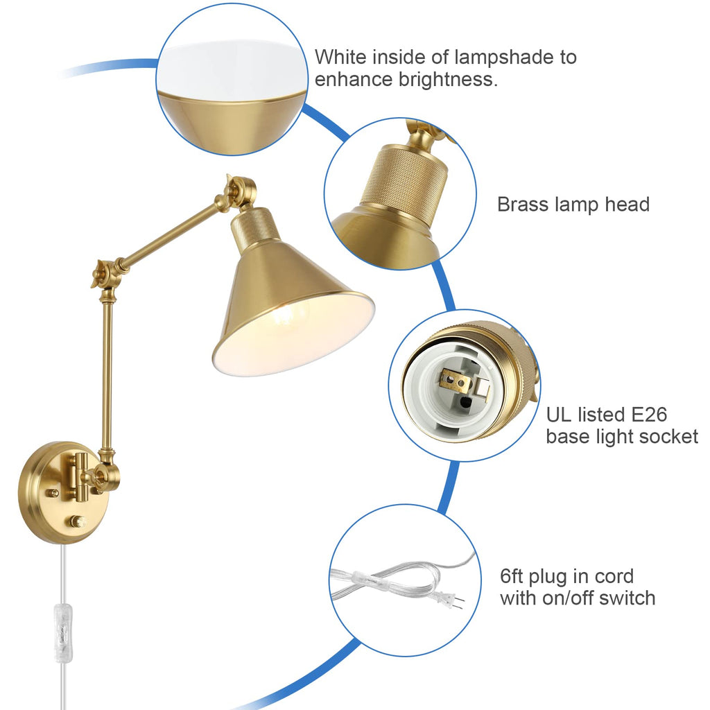 Wall Sconce Plug in, Brushed Brass Dimmable Wall Sconce Swing Arm Wall Lights Plug in Wall Mounted Light with 6FT