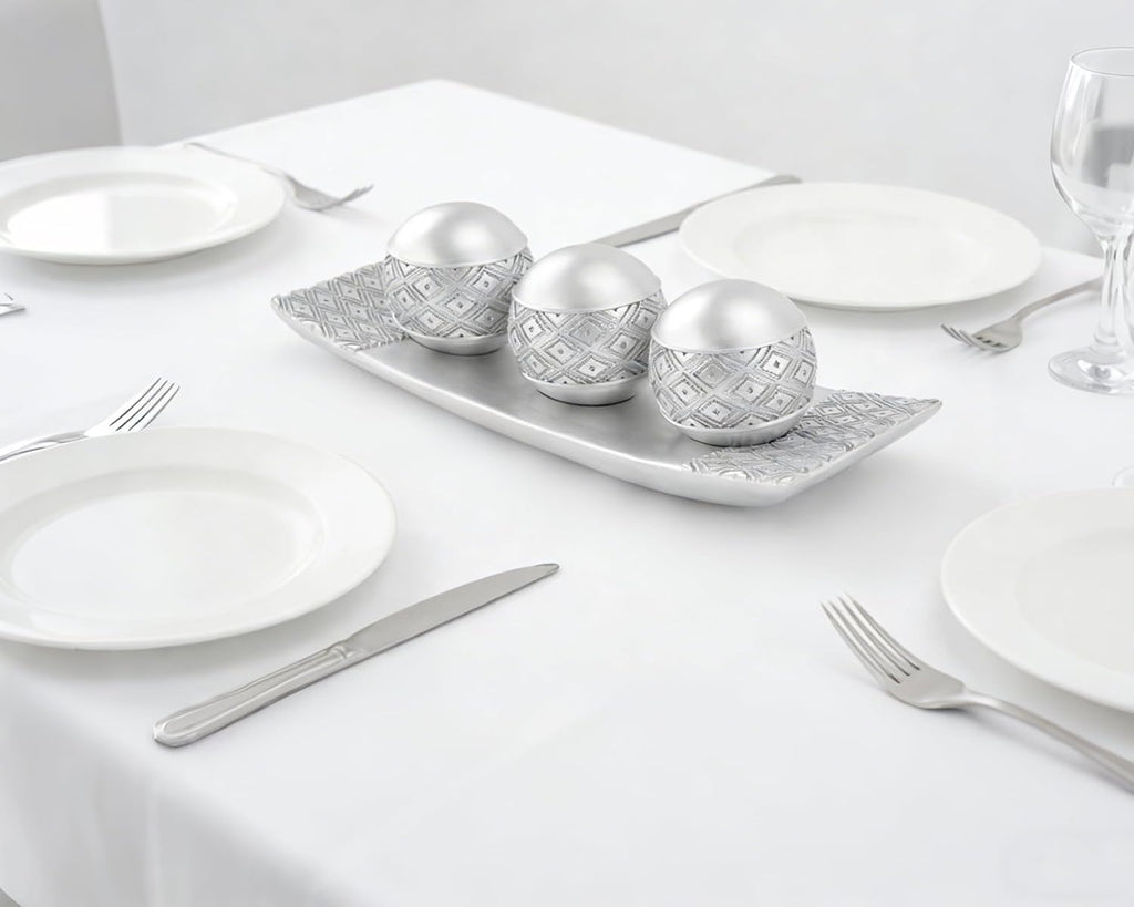 Silver Decorative Orbs with Tray Set, 3Pcs Resin Decorative Balls with Tray, Modern Accent Sphere for Coffee Table