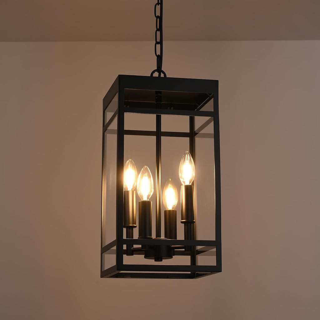 4-Lights Large Outdoor Pendant Light, Matte Black Exterior Hanging Lantern with Clear Glass