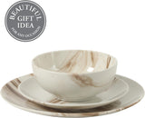 Cloudlight 12 Piece Plates and Bowls Dishes Brown and White - Decorated Porcelain Ceramic Dinnerware Set - Service for 4