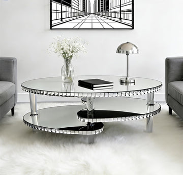 Modern Silver Mirror Coffee Table Luxury 43" Oval Glass Coffee Tables with Crystal Trim and Acrylic Legs Elegant