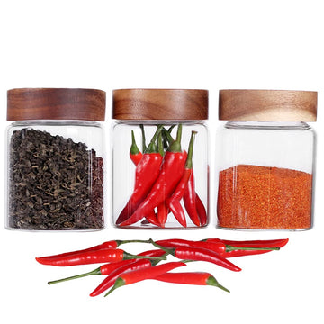 3 Packs Glass Food Storage Jars with Screw Airtight Seal Acacia Wood Lids, Spice Jars with Lids, Organization for Jars