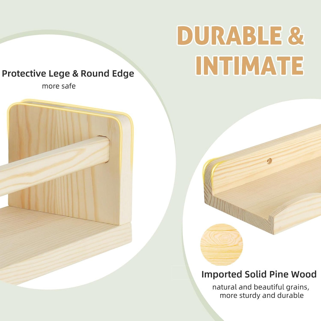 Floating Book Shelves for Wall, 16.5" Natural Wood Nursery Shelves for Book Storage, Solid Pine Wooden Floating Wall