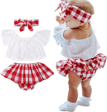 Baby Girl Cold Shoulder Lace Crops Top + Plaid Skirts Bloomers + Headband