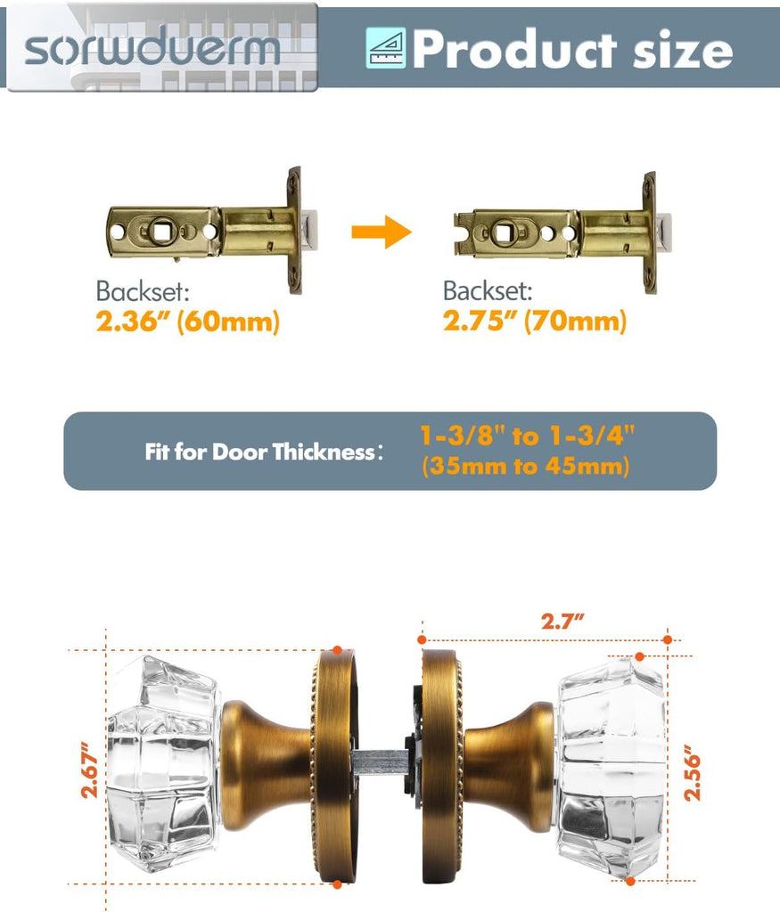 Door Knob Antique Brass Passage Crystal Glass Interior 1 Pack