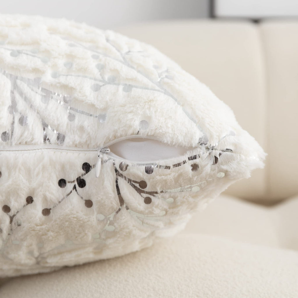 Decorative Long Lumbar Pillow Cover14x36inch Fluffy White Fur Pillow Coves Silver Branches Glitter Throw Pillows Soft