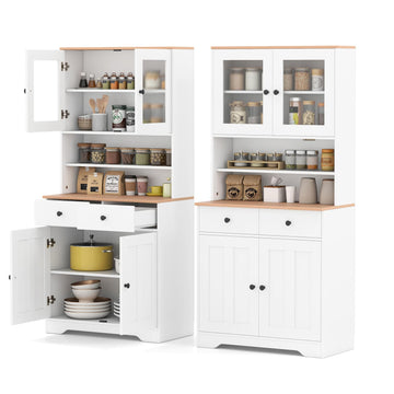 67-inch Tall Kitchen Hutch Cabinet with 2 Glass Door, 2 Drawers, White