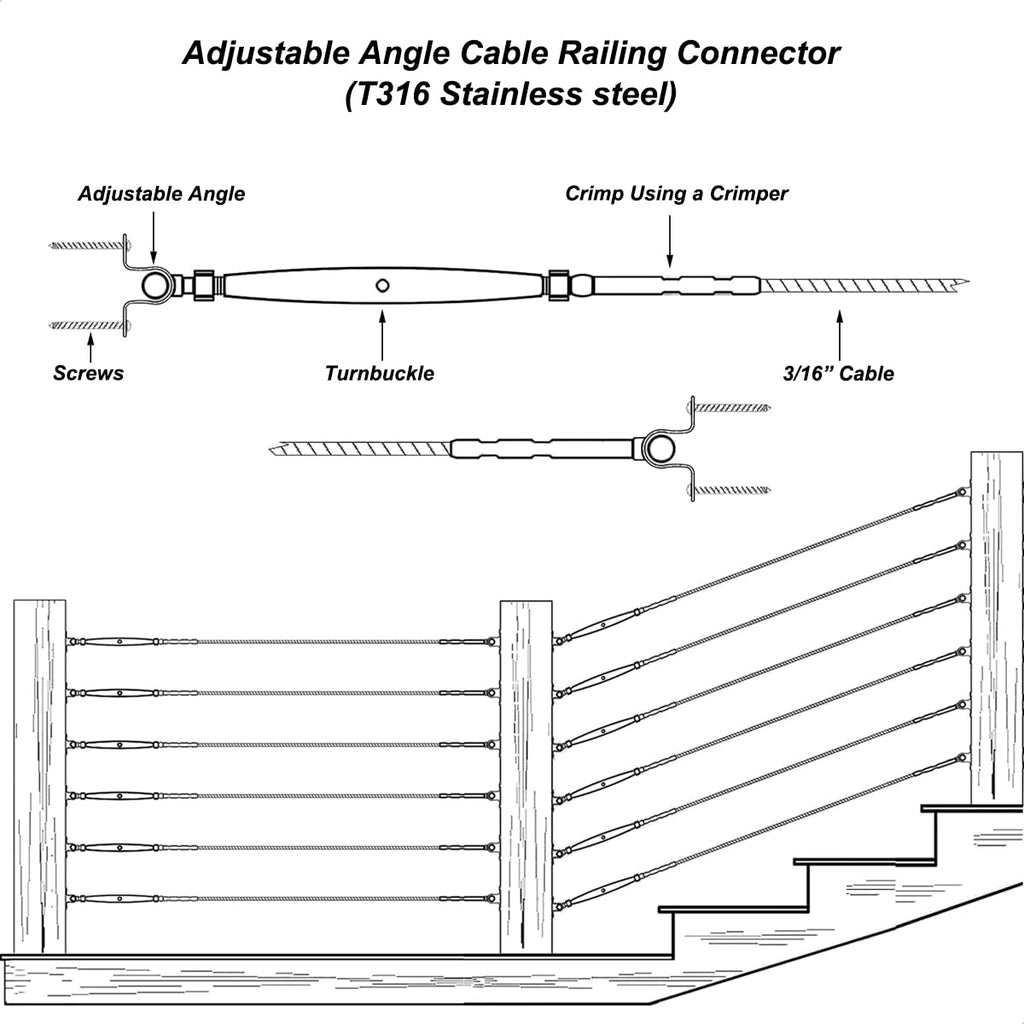 Stainless Steel Cable Railing Hardware Kit, 20 Pairs for 3/16 Cable Railing System, Adjustable Angle, T316 Marine