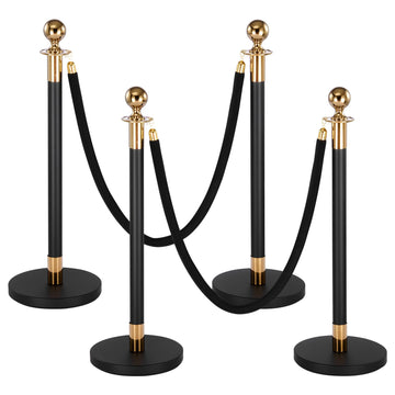 Stanchion Post, 4 Pcs Crowd Control Barrier Set with 2 Black Velvet Ropes, Heavy Duty Stainless Steel Stanchion Post