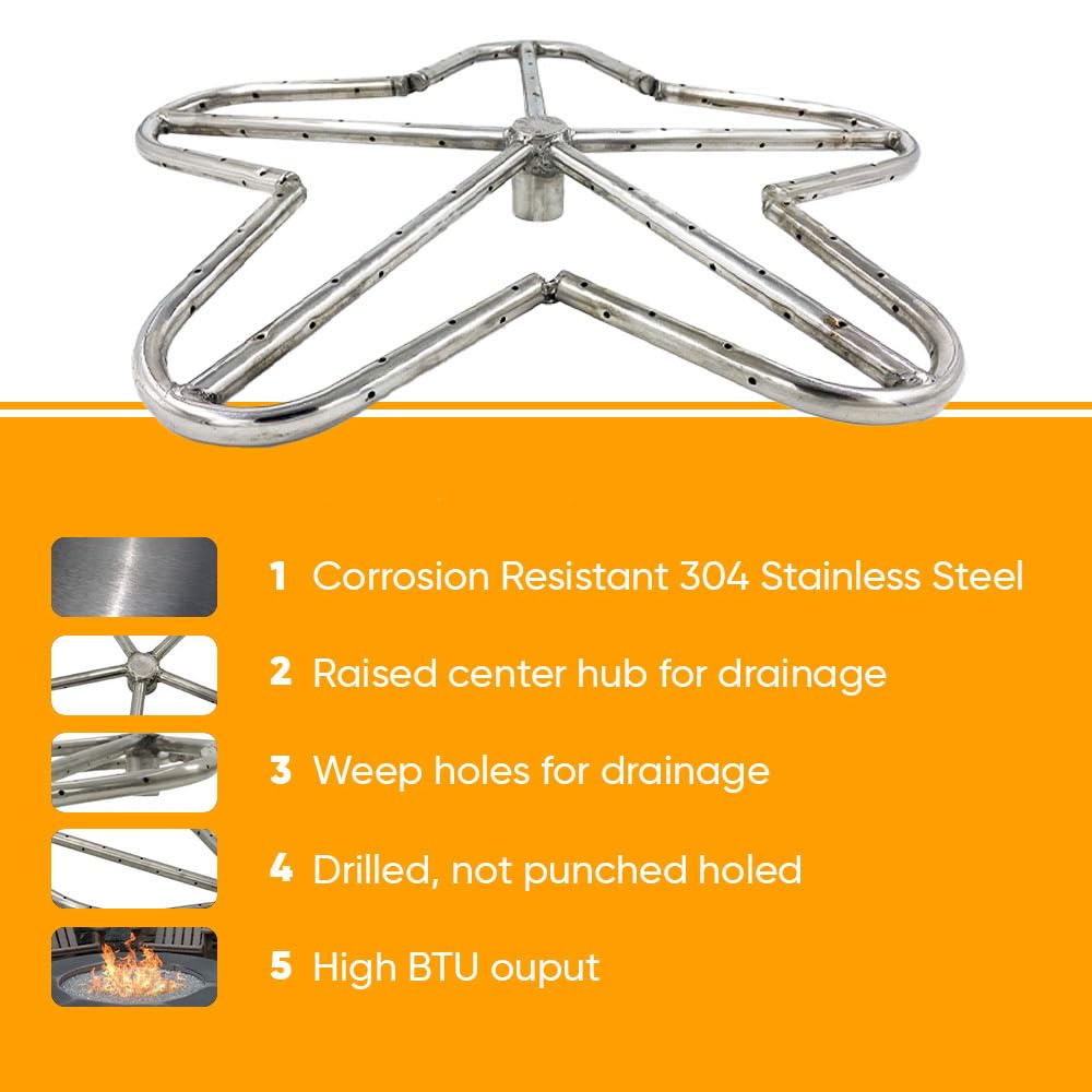 Penta Match Lit Fire Pit Burner Kit with 18-Inch Stainless Steel Burner, Propane, Polished