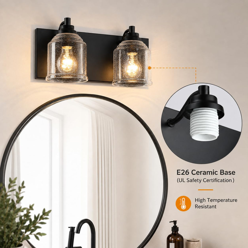 16" 2-Light Farmhouse Bathroom Vanity Light with Bubble Glass, Black