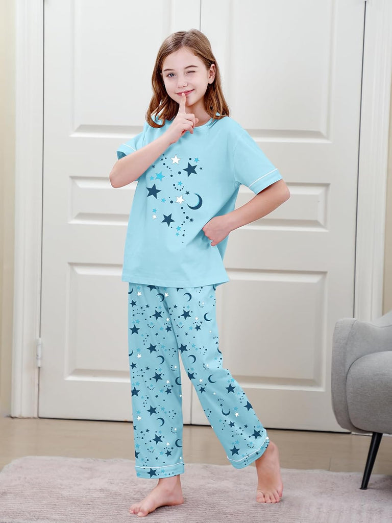 Girls Pajamas Set, 100% Cotton Pjs Cartoon Pattern 3PCS Sleepwear Lounge for Kids
