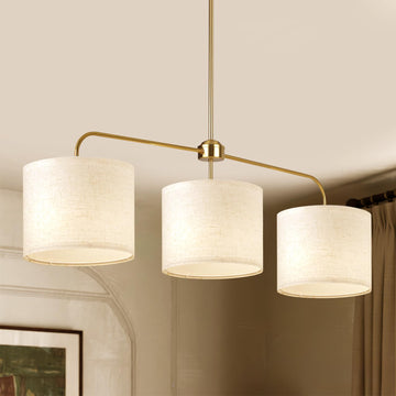 3 Light Gold Linear Chandelier with Linen Beige Drum Shades,Modern Pendant Light Fixture Island,Dining Room,Living