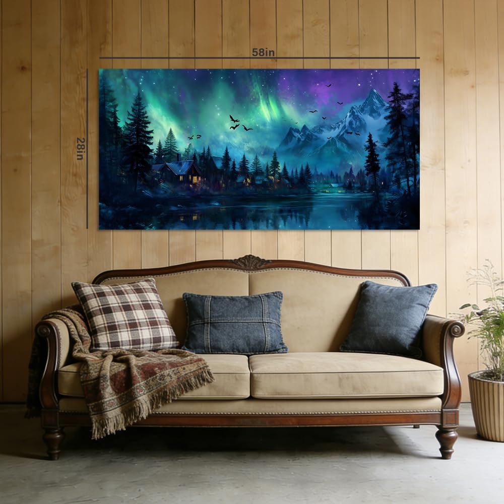 A Borealis Northern Lights Canvas Wall Art Mountain Landscape Cabin Painting Flat Print Gallery Wrapped Night Sky