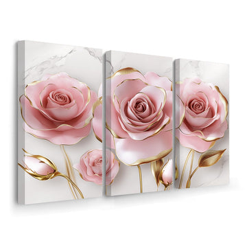 Pink Rose Canvas Wall Art Abstract Pink and Gold Wall Decor 3 Pieces Luxury Floral Painting Floral Marble Picture