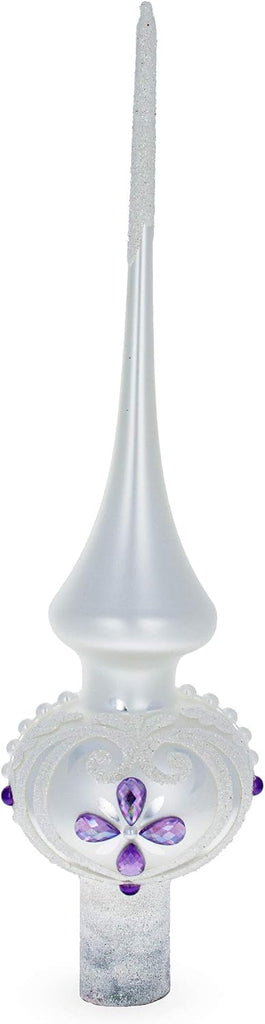 Purple Jewel Stars Pearls White Mouth Blown Glass Tree Topper 11 Inches