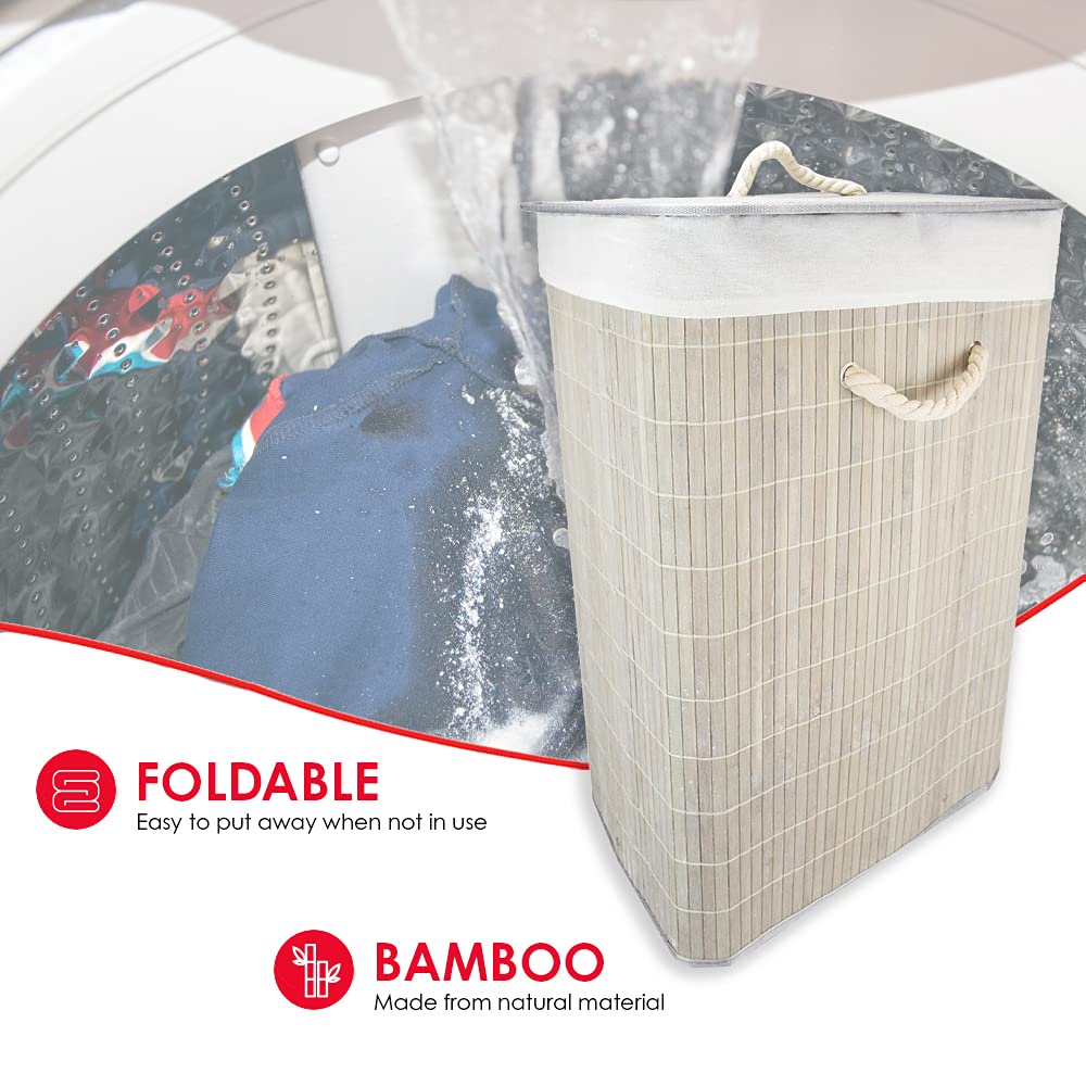 Durable Foldable Bamboo Laundry Basket Hamper | Rectangular | Removable Liner for Washing | Wire Frame | Rope Handles