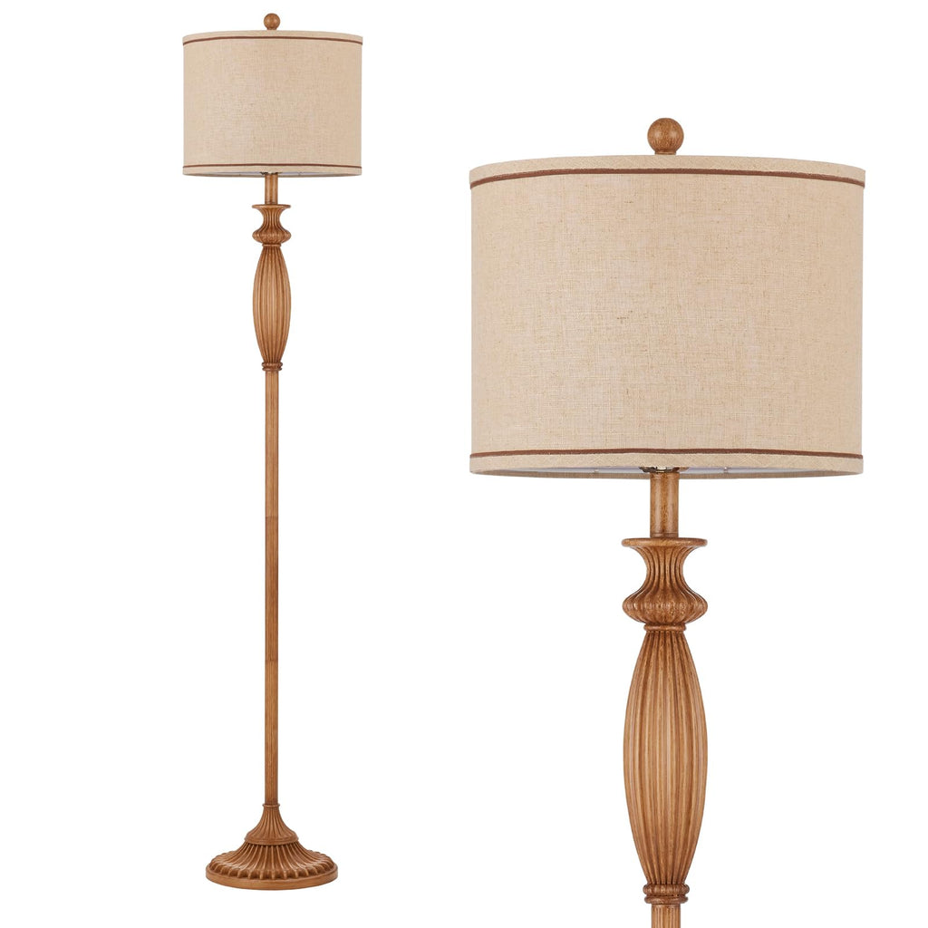 Vintage Floor Lamp, Rustic Standing Lamp with Linen Shade, Light Wood Grain