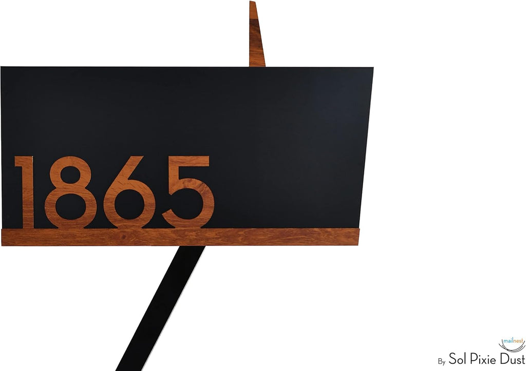 Contemporary Post Mounted Mailbox - Aluminum (ACP) Black Body with Aluminum (ACP) Red Oak Door and Underline Numbers
