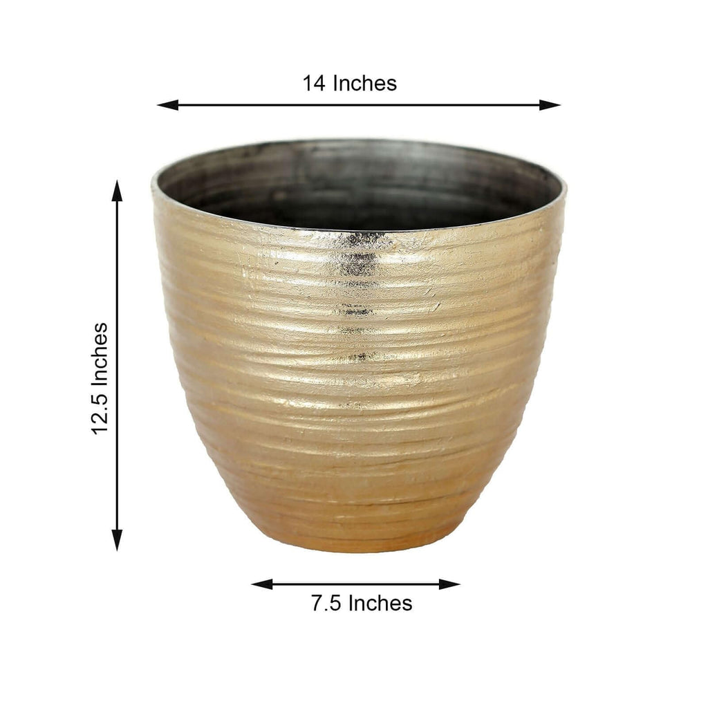 14 inch Large Metallic Gold Round Planter, Statuesque Gilded Flower Pot for Grand Entrances, Luxury Hotels and