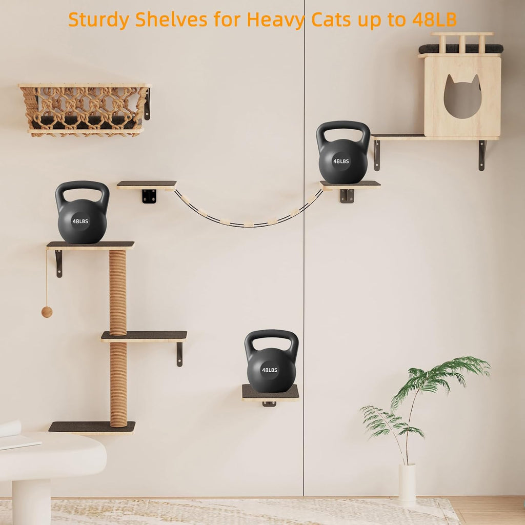 5-in-1 Cat Wall Shelves Set with Hammock, Wall-Mounted Cat Furniture Includes Condo, Bridge, Ladder & Steps