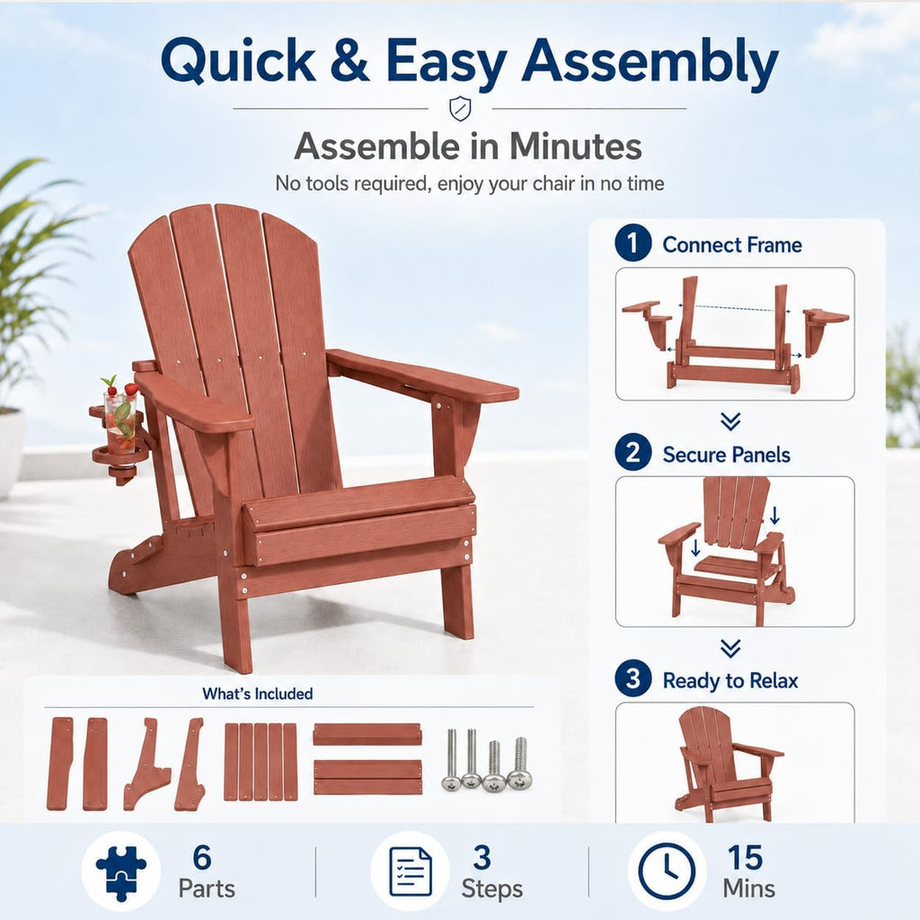Folding Adirondack Chairs Set of 2 with Cup Holder, Heavy Duty HDPE Plastic Outdoor Lounge Chairs, All-Weather