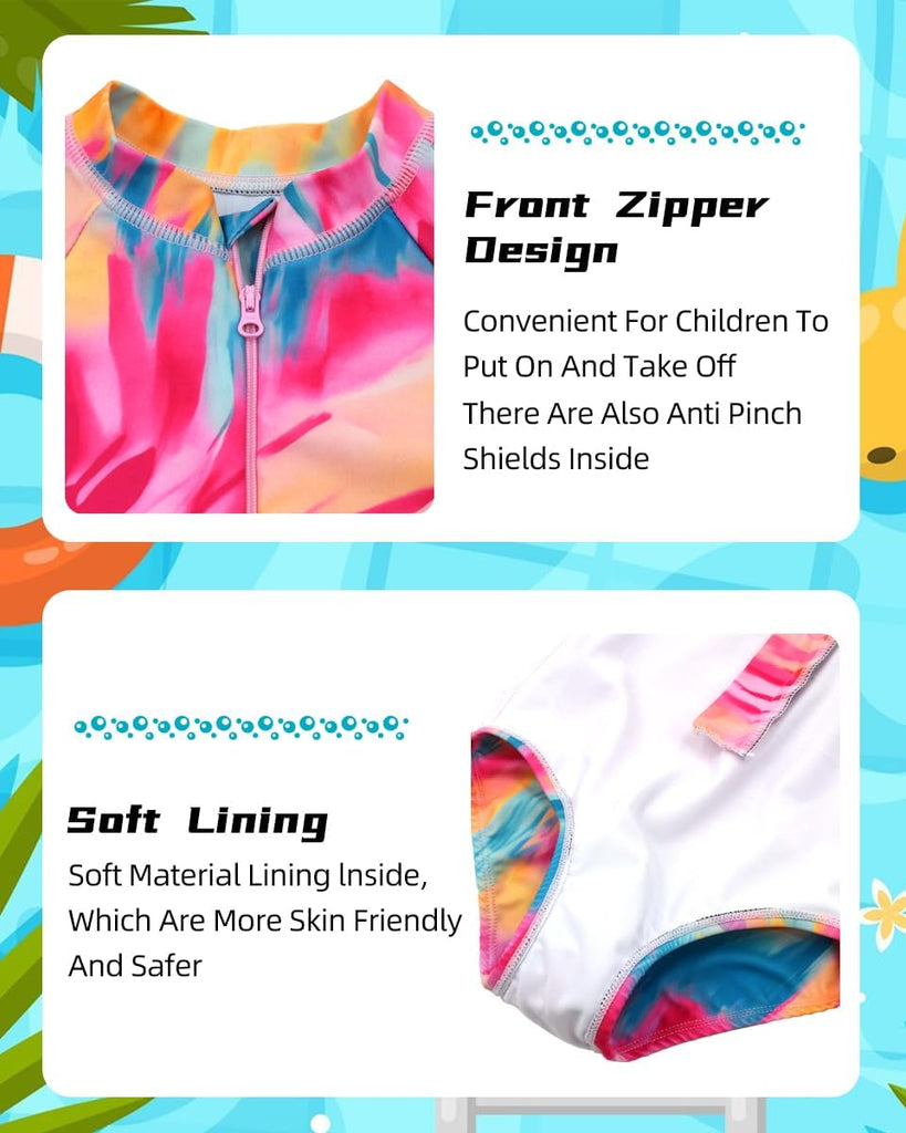 Girls Swimsuits One Pieces Long Sleeve Swimwear Zipper Rashguard Bathing Suits