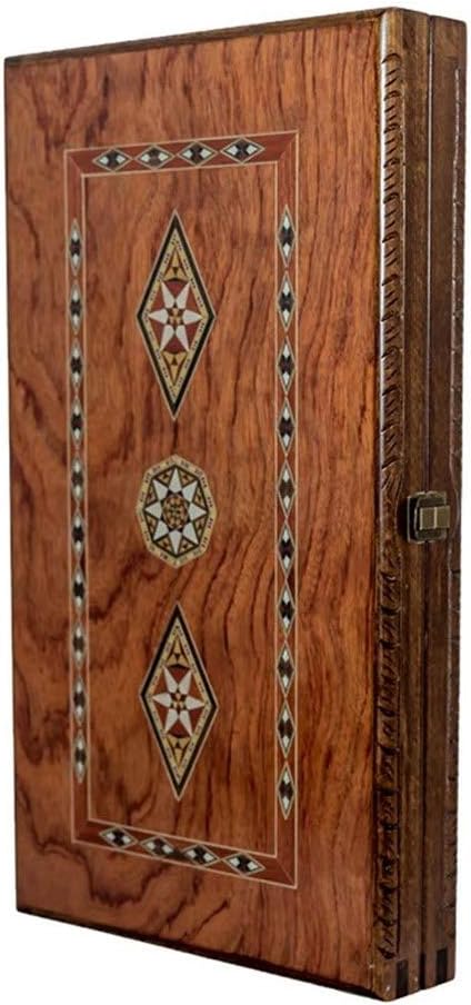 Backgammon Set Mosaic and Carved Design - Foldable Rosewood Board - Classic Board Game - Size 20,5"