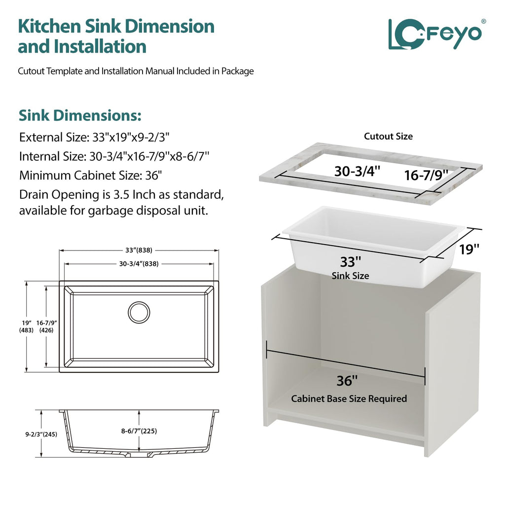 33x19 Inch White Granite Composite Quartz Undermount Single Bowl Kitchen Sink Under Counter Contemporary Kitchen Deep