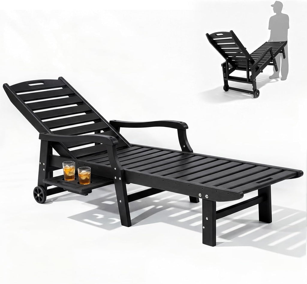 Oversized Outdoor Chaise Lounge Chair with Cup Holder | 79" HDPE Patio Lounger with Wheels 5-Position Adjustable