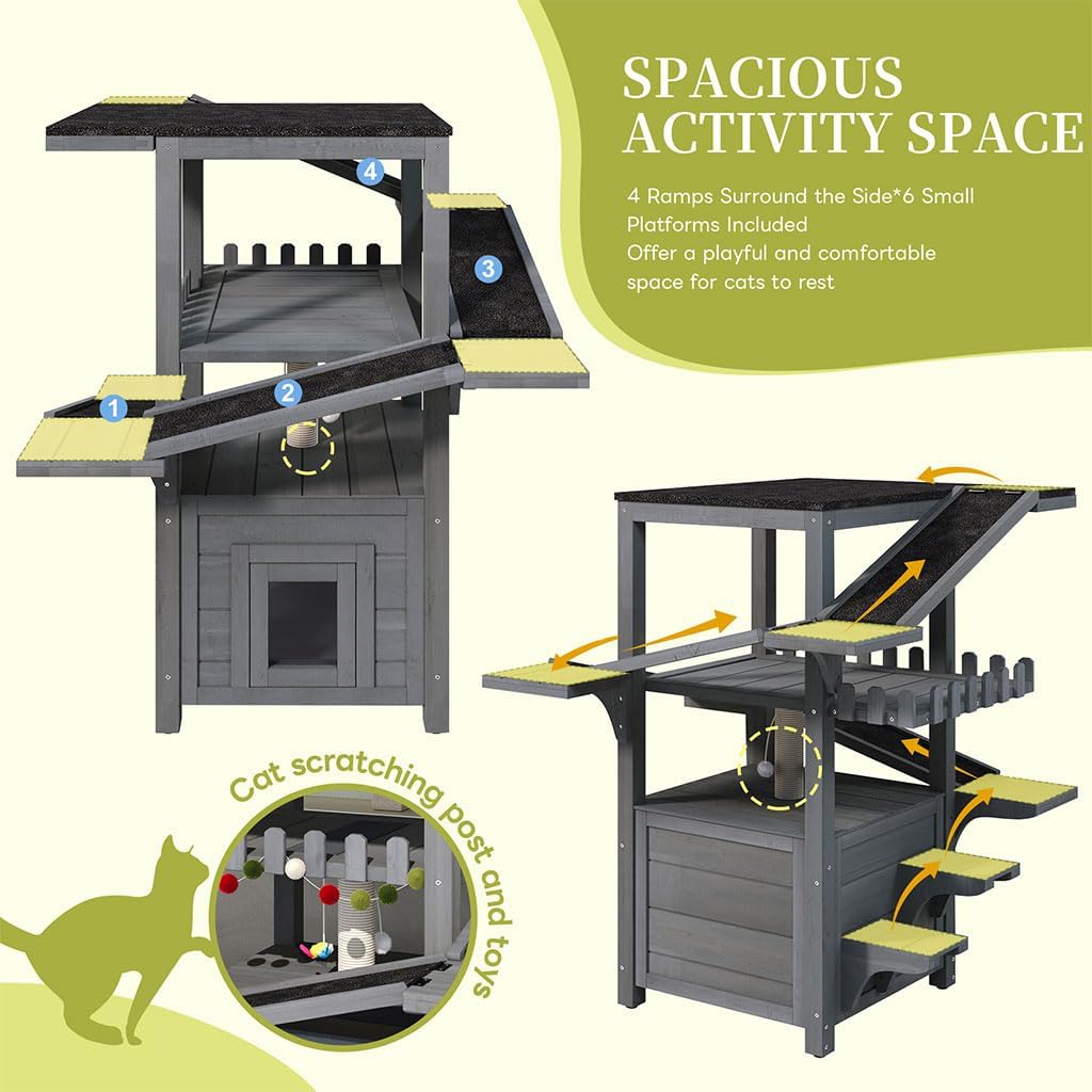 4-Tier Outdoor Cat House Weatherproof Wooden Outside Cat Tree Tower with Ramps, Scratching Post & Enclosed Shelter