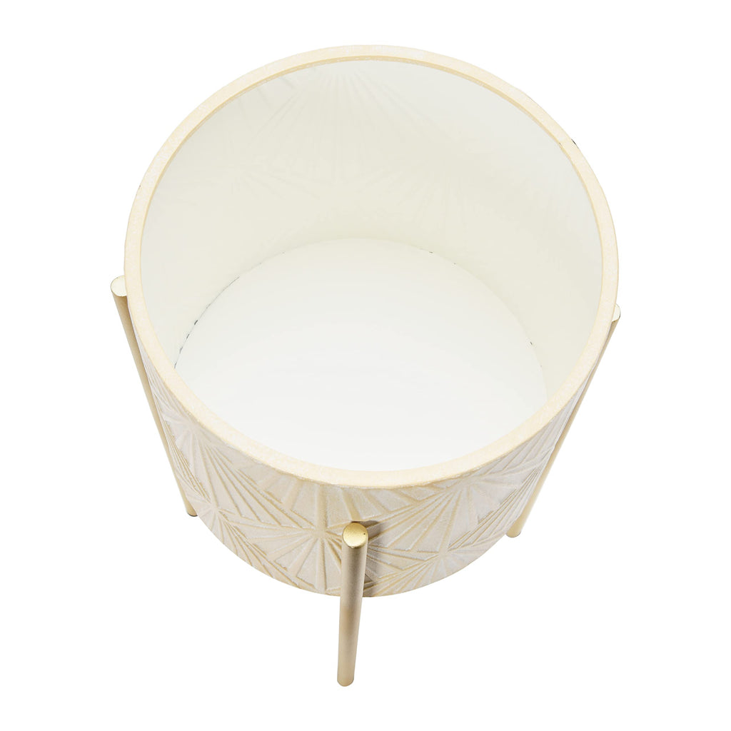 Modern Boho Embossed Metal Planters with Stands, Cream and Gold, Set of 2 Sizes